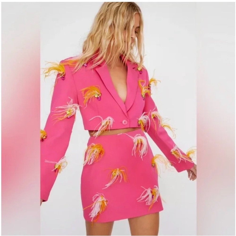 Nasty Gal Pink  Feather Blazer and Mini Skirt
